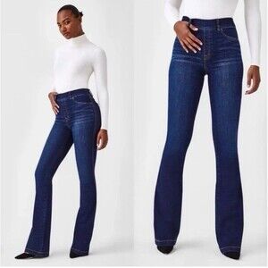 Spanx Flare Jeans XS Petite Midnight Shade Dark Wash Pull On Shaping High Rise